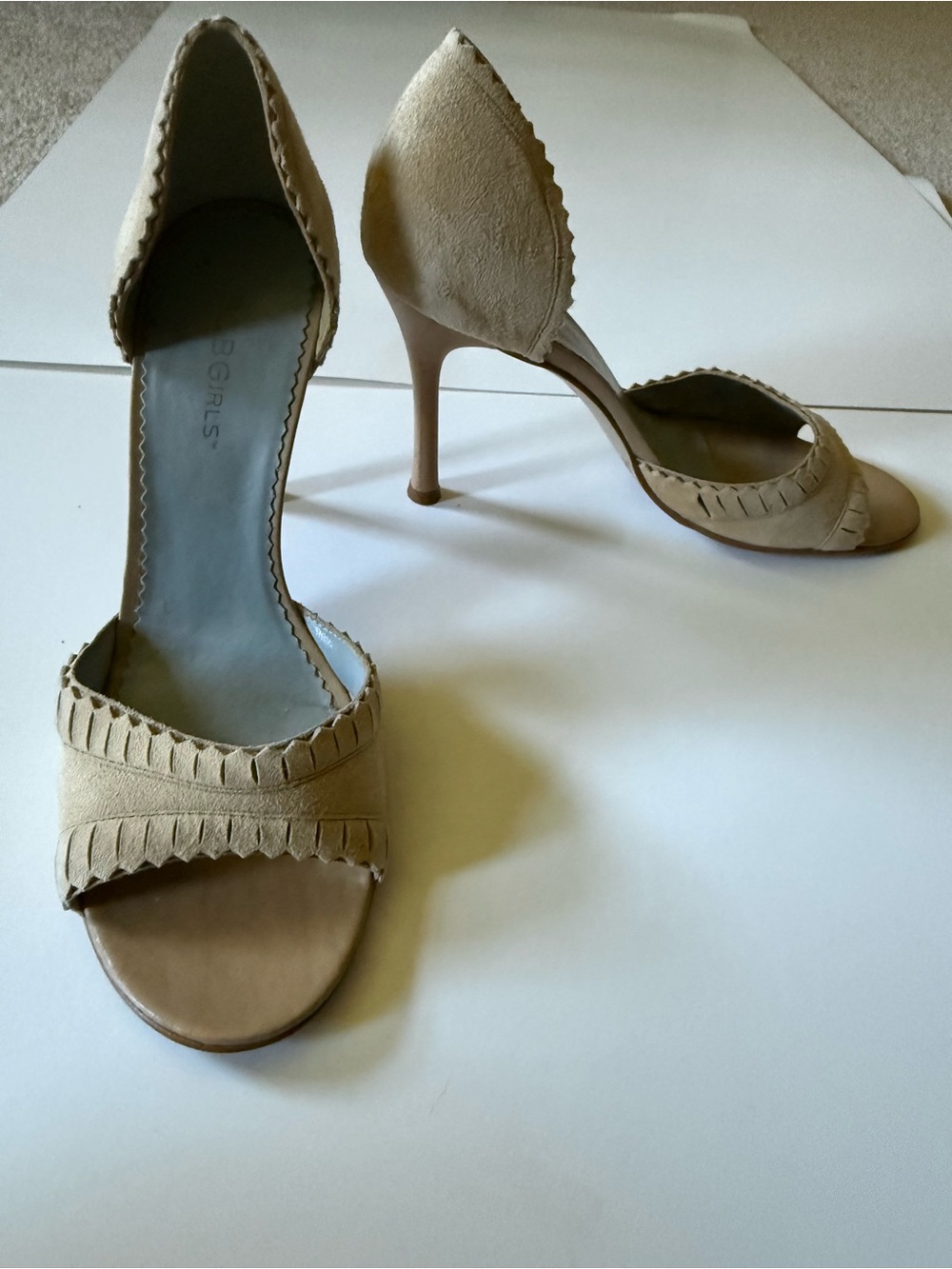 BCBG Taupe Scalloped D'Orsay Open-Toe Stiletto Heels
